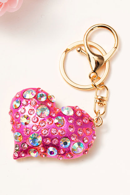 Bright Pink Rhinestone Inlay Heart Shaped Keychain