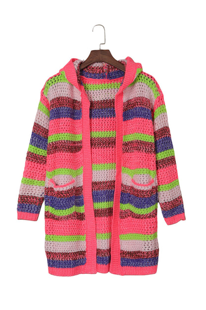 Rose Striped Knitted Hooded Open Front Cardigan