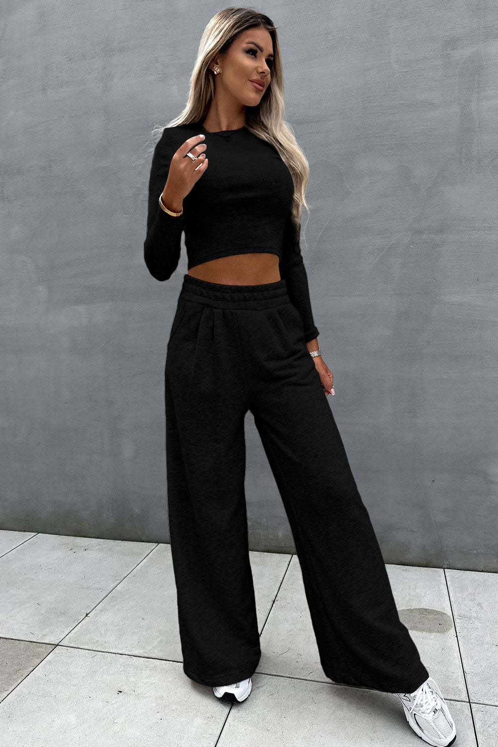 Black Crop Top and Wide Leg Pants Two Piece Set