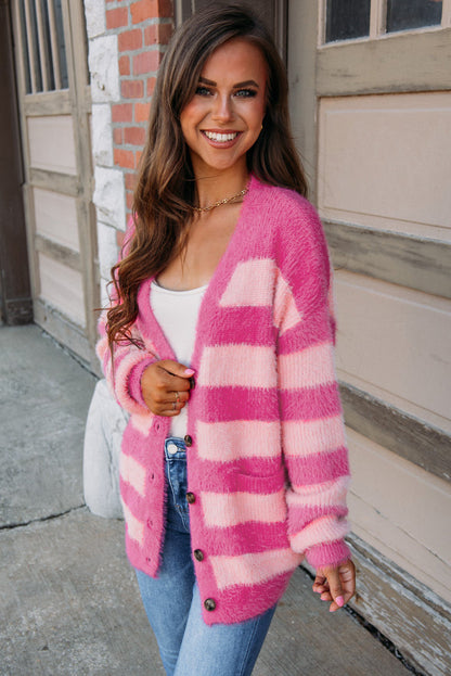 Strawberry Pink Colorblock Striped Buttoned Fuzzy Cardigan