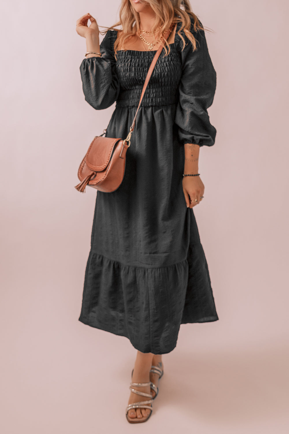 Black Smocked Fit Flare Square Neck Midi Dress