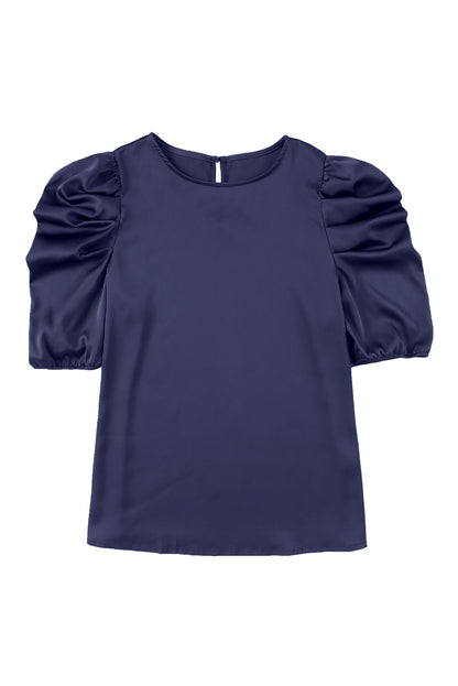 Blue Ruched Puff Short Sleeve Satin Blouse