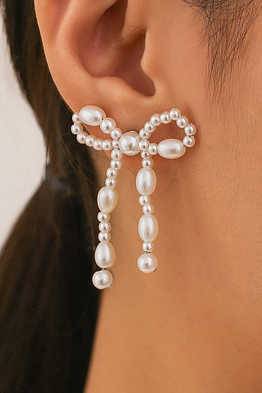 White Pearl Beaded Bowknot Studded Earrings