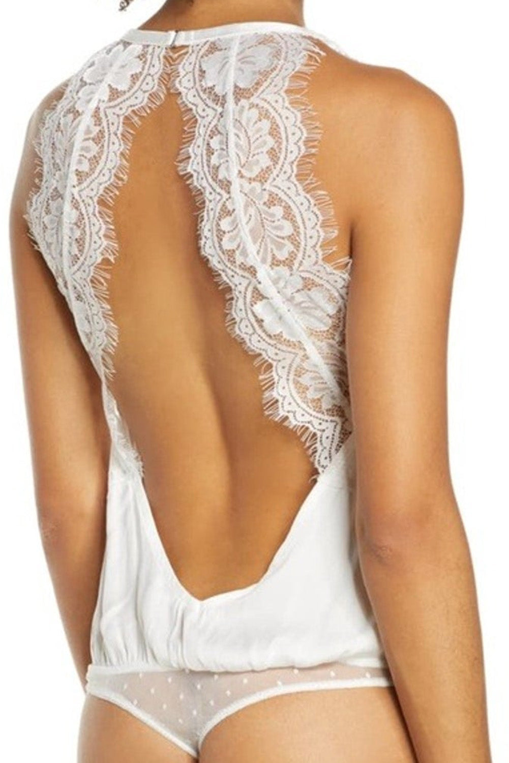 White Lace Crochet Open Back Sleeveless Bodysuit