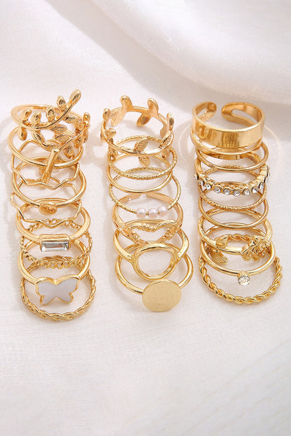 Gold Butterfly Vines Hollowed Heart Geometric 24-piece Ring set