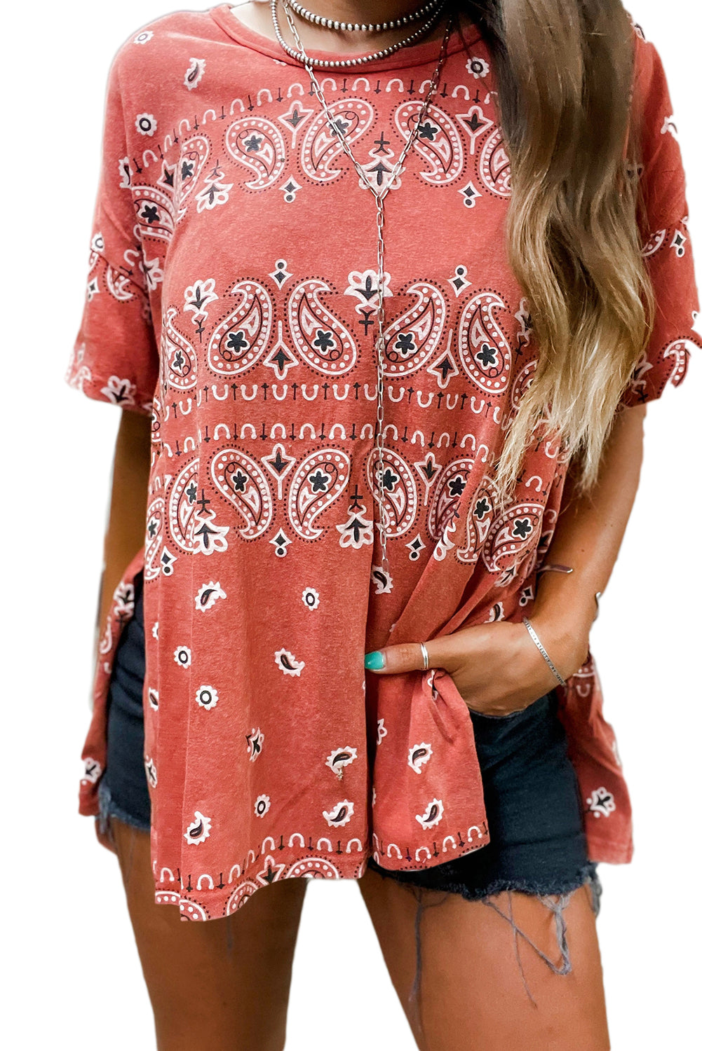 Red Paisley Print Side Slits Crew Neck T Shirt