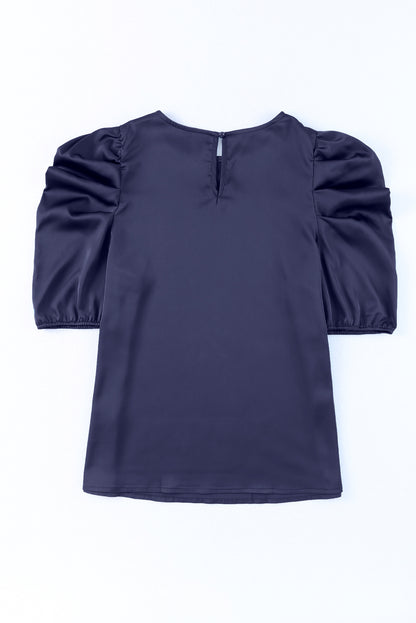 Blue Ruched Puff Short Sleeve Satin Blouse