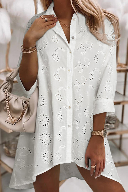 White Eyelet Floral Pattern Shirt Babydoll Dress