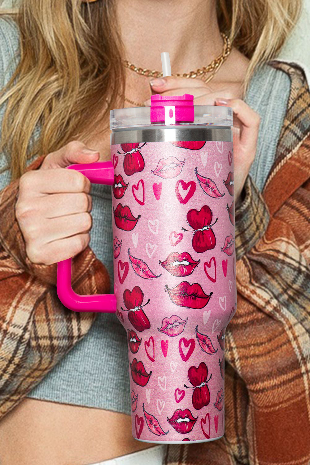 Rose Red Valentines Hearts and Kisses Print Thermos Cup