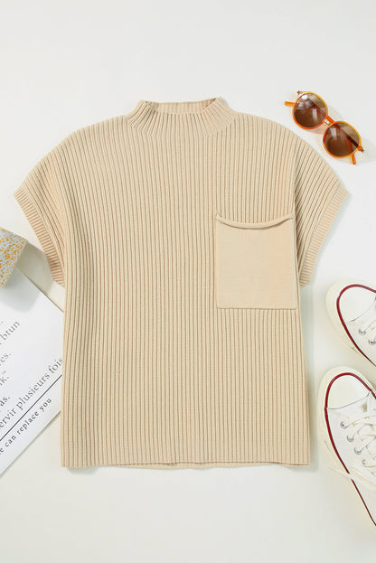 Mineral Red Patch Pocket Ribbed Knit Short Sleeve Sweater