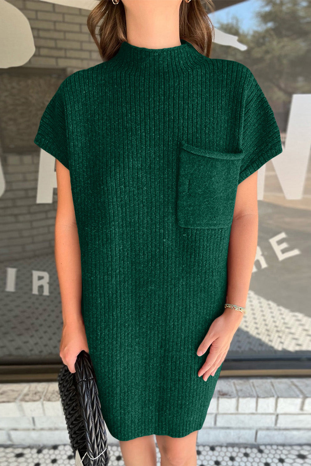 Blackish Green Patch Pocket Ribbed Knit Short Sleeve Sweater Dress