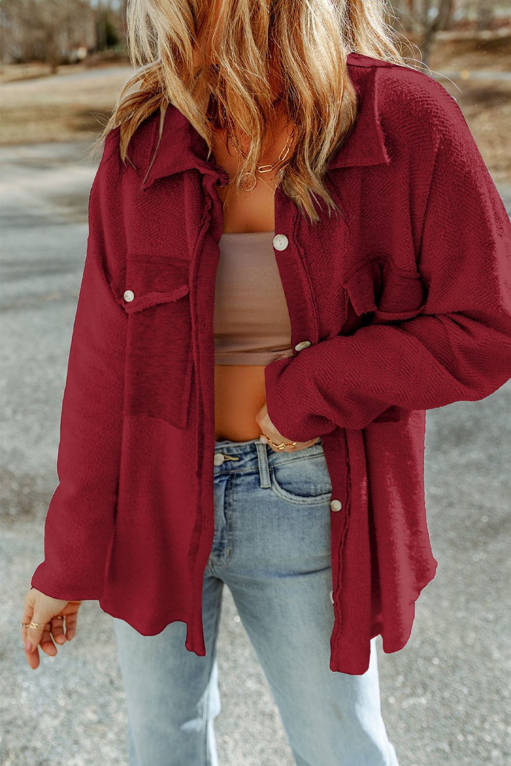 Fiery Red Contrast Flap Pockets Relaxed Shacket