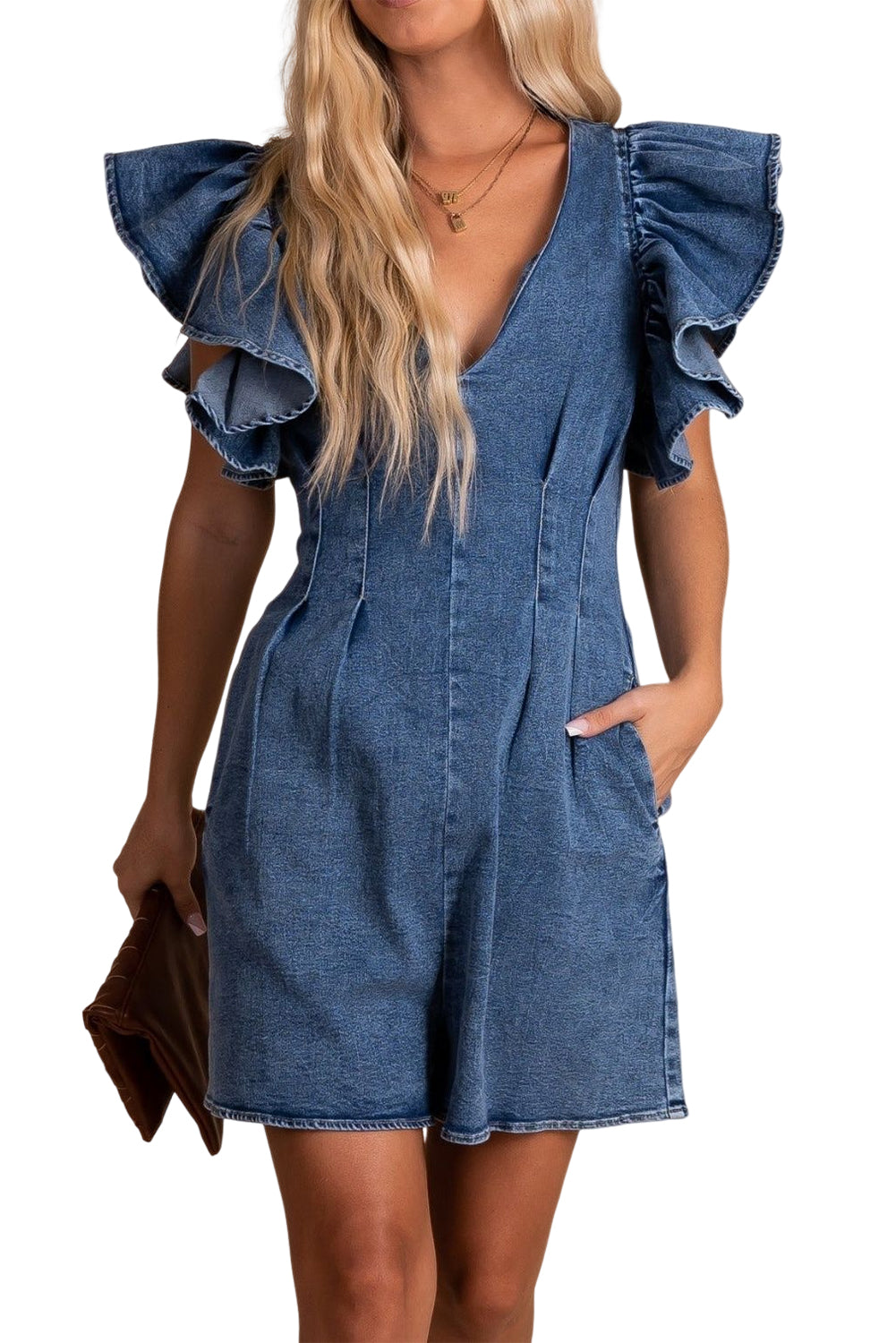 Ruffle Pleated Denim Romper with Pockets
