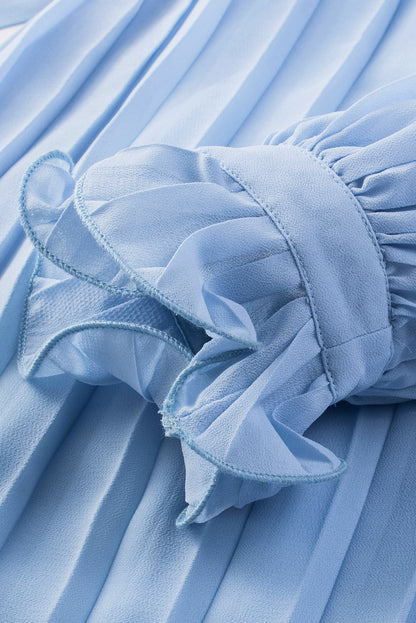Sky Blue Pleated Ruffled Tie Waist Buttons V Neck Romper