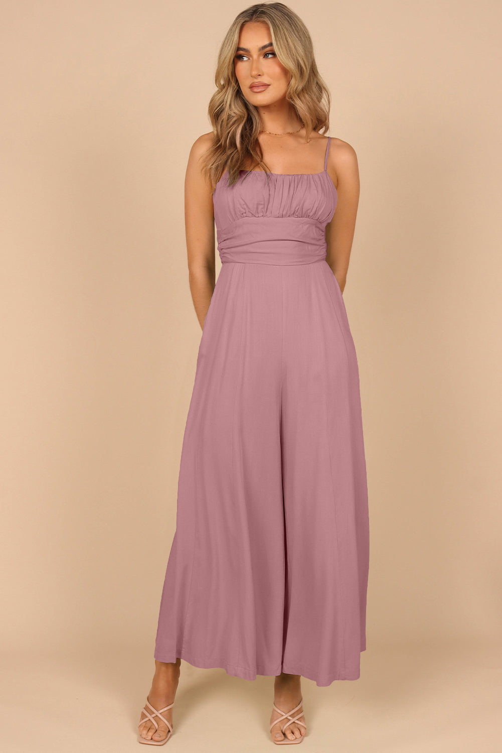 Pink Spaghetti Straps Backless Knot Wide-Leg Jumpsuit