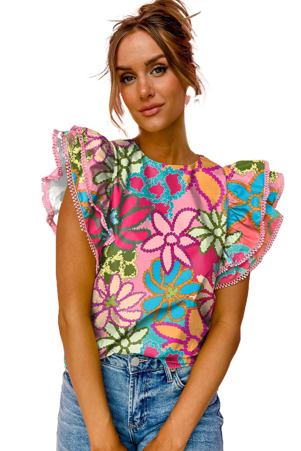 Multicolor Vibrant Floral Print Trimmed Ruffle Sleeve Blouse