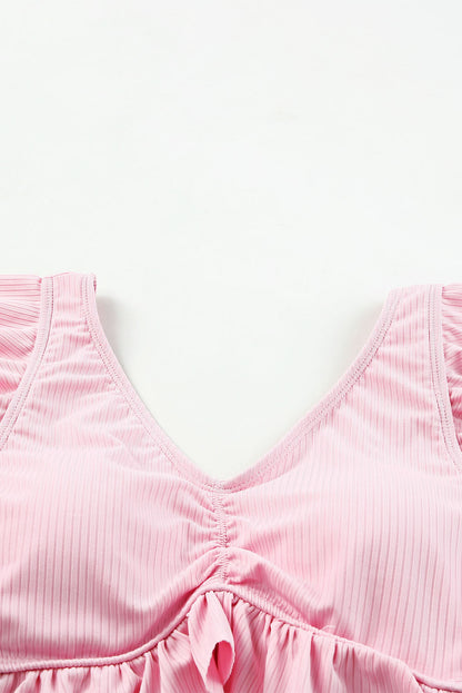 Pink Ribbed Ruched Ruffle Top Printed Bikini Set