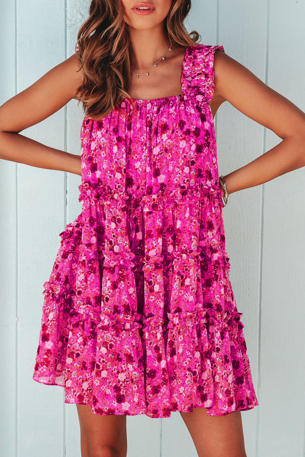 Rose Tiered Ruffled Square Neck Sleeveless Floral Mini Dress