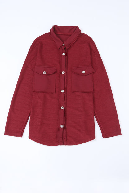 Fiery Red Contrast Flap Pockets Relaxed Shacket