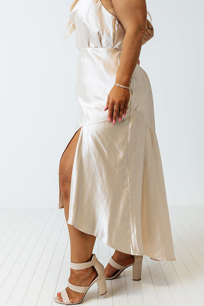 Beige Satin Split Ruffled High Waist Plus Size Skirt