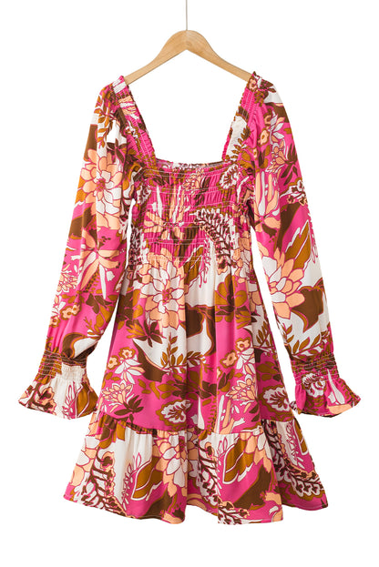 Rose Floral Print Smocked Square Neck Bubble Sleeve Dress