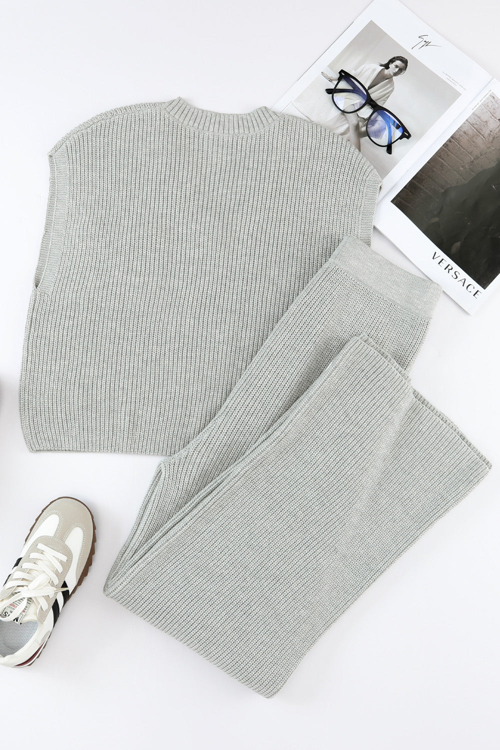 Sky Blue Knitted V Neck Sweater and Casual Pants Set