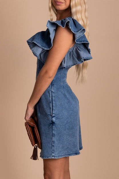 Ruffle Pleated Denim Romper with Pockets