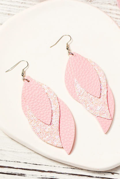 Light Pink Valentine PU Leaves Layered Earrings