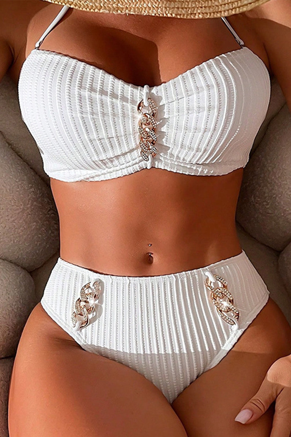 White Rhinestone Rings Textured Halter Neck Bikini Set