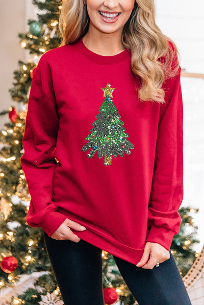 Red Christmas Tree Pattern Crewneck Pullover Sweatshirt