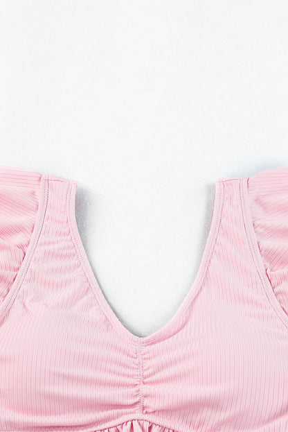 Pink Ribbed Ruched Ruffle Top Printed Bikini Set