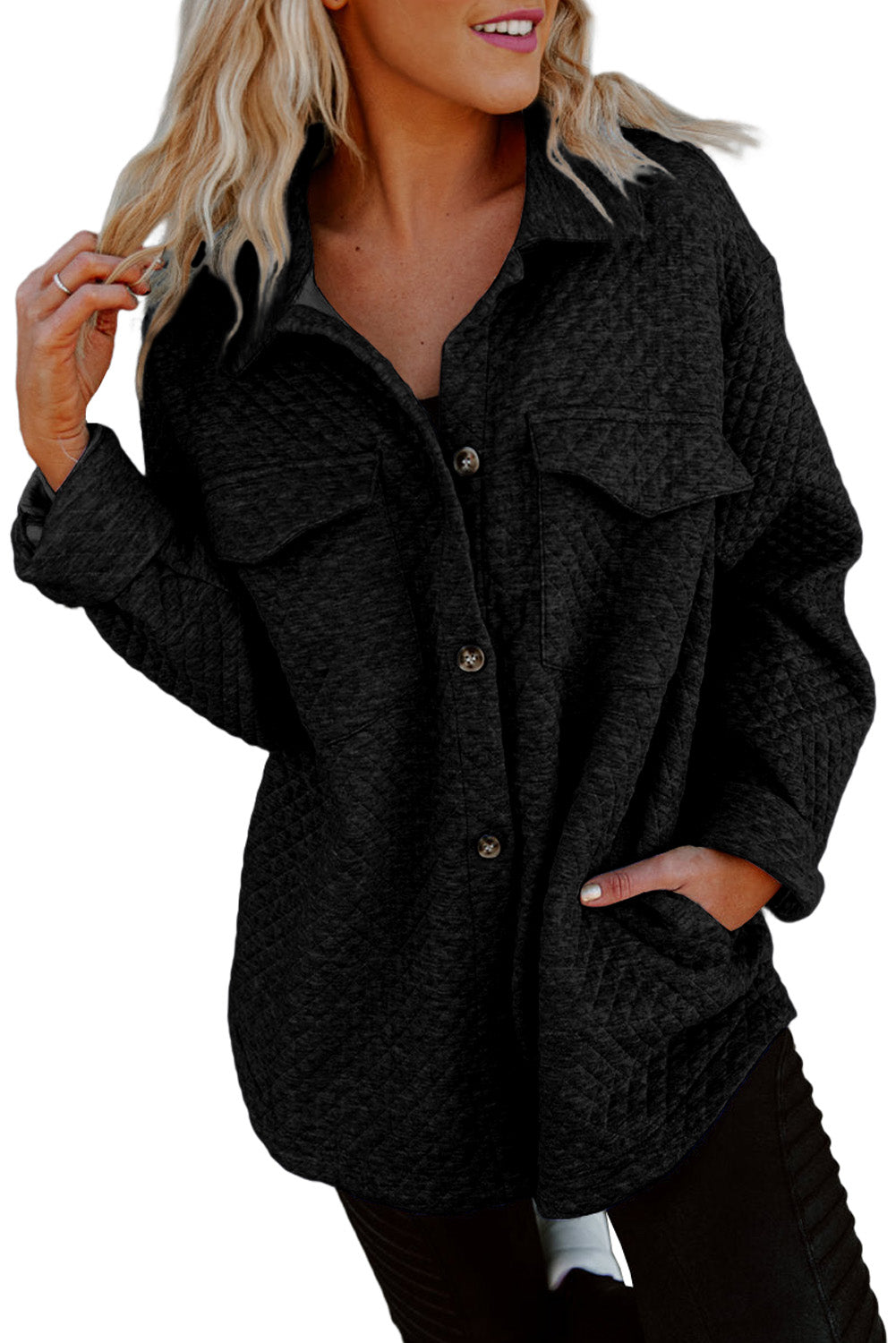 Black Retro Quilted Flap Pocket Button Shacket
