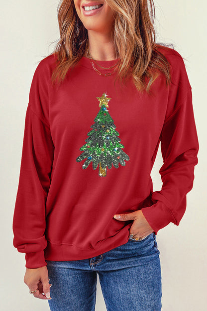 Red Christmas Tree Pattern Crewneck Pullover Sweatshirt