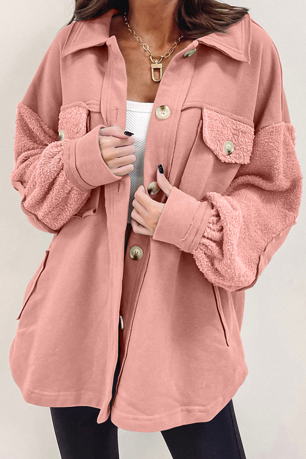 Peach Blossom Exposed Seam Elbow Patch Oversized Shacket
