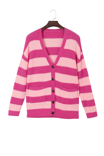 Strawberry Pink Colorblock Striped Buttoned Fuzzy Cardigan