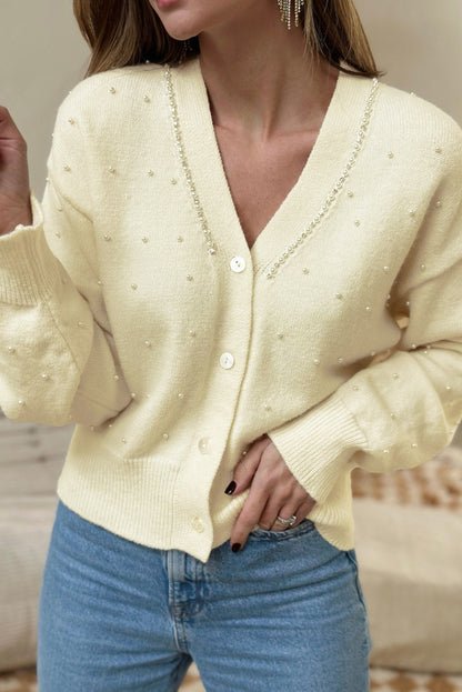White Beaded Buttoned Front Knit Cardigan