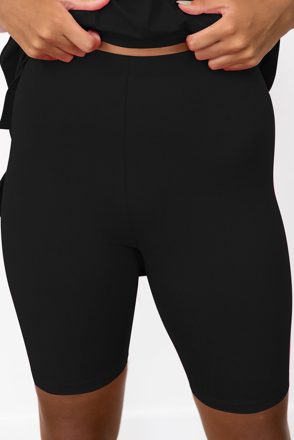 Black Solid Split Hem Tunic Tee and Tight Shorts Set