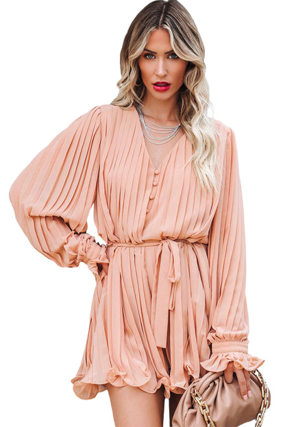 Pink Pleated Ruffled Tie Waist Buttons V Neck Romper