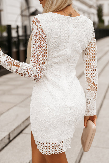 White Lace Hollowed Long Sleeve Bodycon Dress