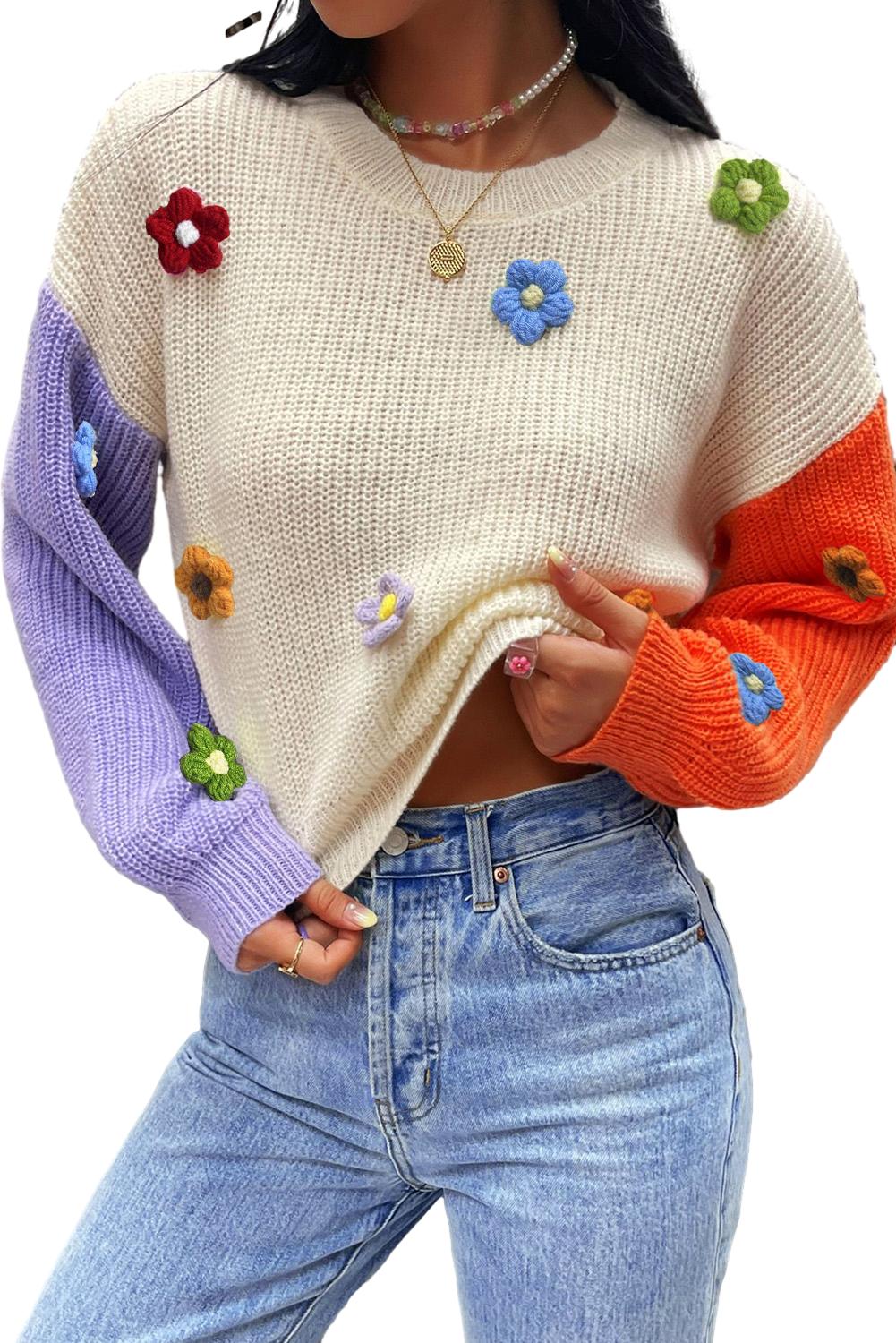 Multicolour Flower Applique Colorblock Drop Shoulder Sweater