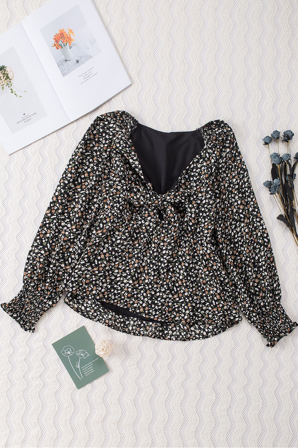 Ditsy Floral Print Front Tie Ruffled Long Sleeve Blouse