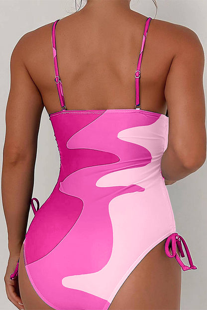 Rose Printed Color Block Drawstring Sides One Piece Swimsuit