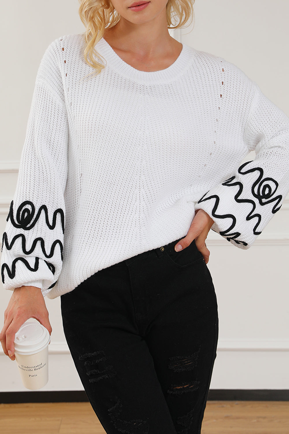 White Abstract Crochet Bubble Sleeve Loose Sweater