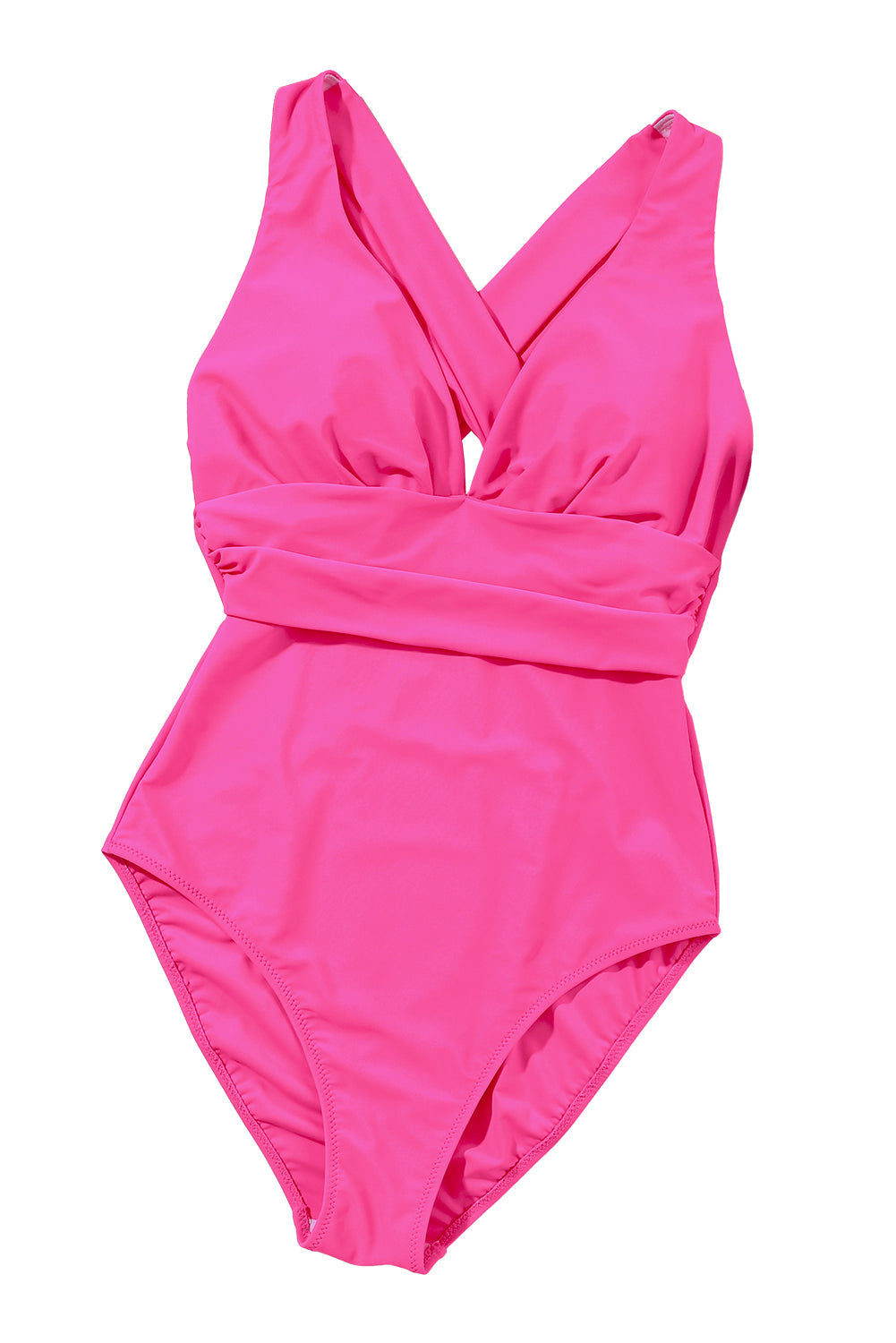 Rose Red Deep V Neck Crossover Backless Ruched High Cut Monokini