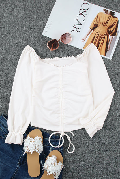 White Drawstring Ruched Off The Shoulder Crop Top