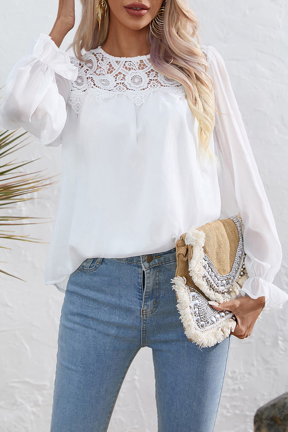 White Lace Patch Sheer Flounce Sleeve Blouse