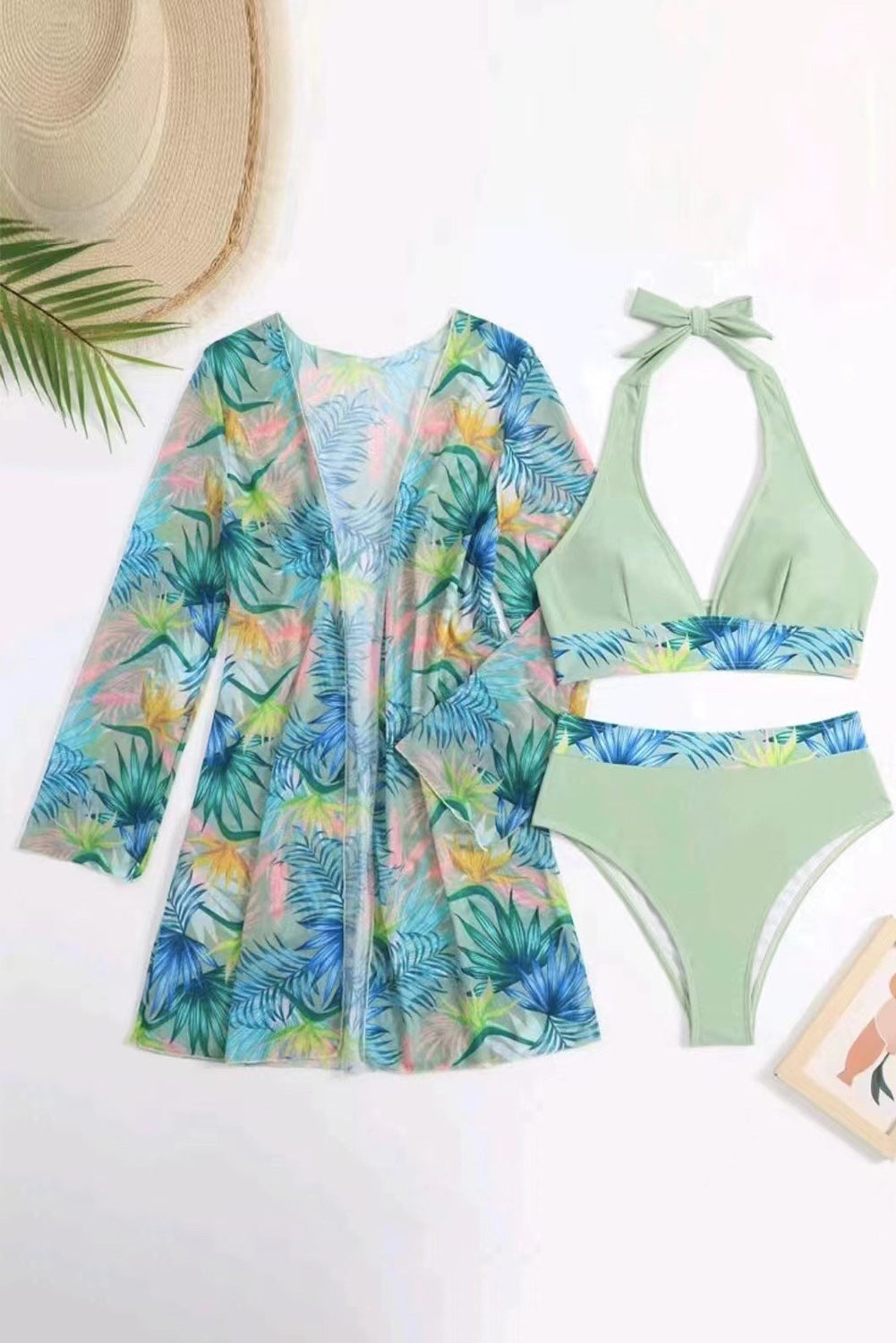 Laurel Green 3pcs Tropical Contrast Trim Halter Bikini Set with Cover up