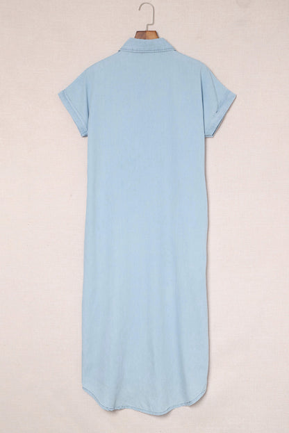 Sky Blue Chambray Shirt Short Sleeves Midi Dress