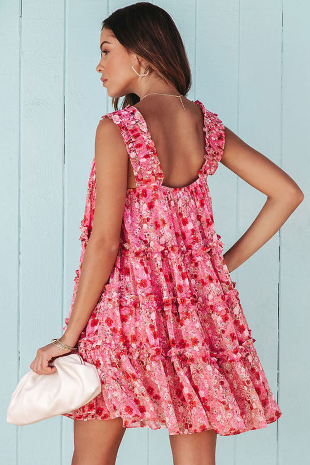 Rose Tiered Ruffled Square Neck Sleeveless Floral Mini Dress