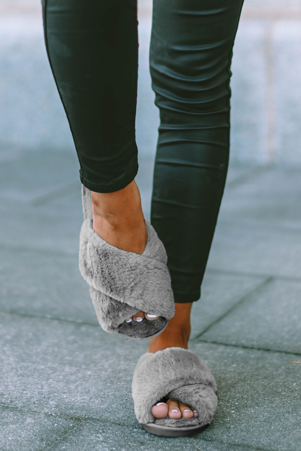 Gray Crossed Straps Winter Furry Slippers